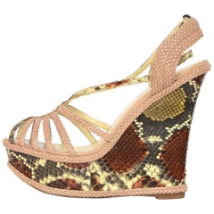 Alexandre Birman Beige/Brown Python Snakeskin Wedge Sandals Sz 7
