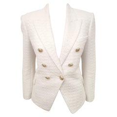 Balmain White Cotton Blend Textured Jacket with Decorative Gold Tone Buttons