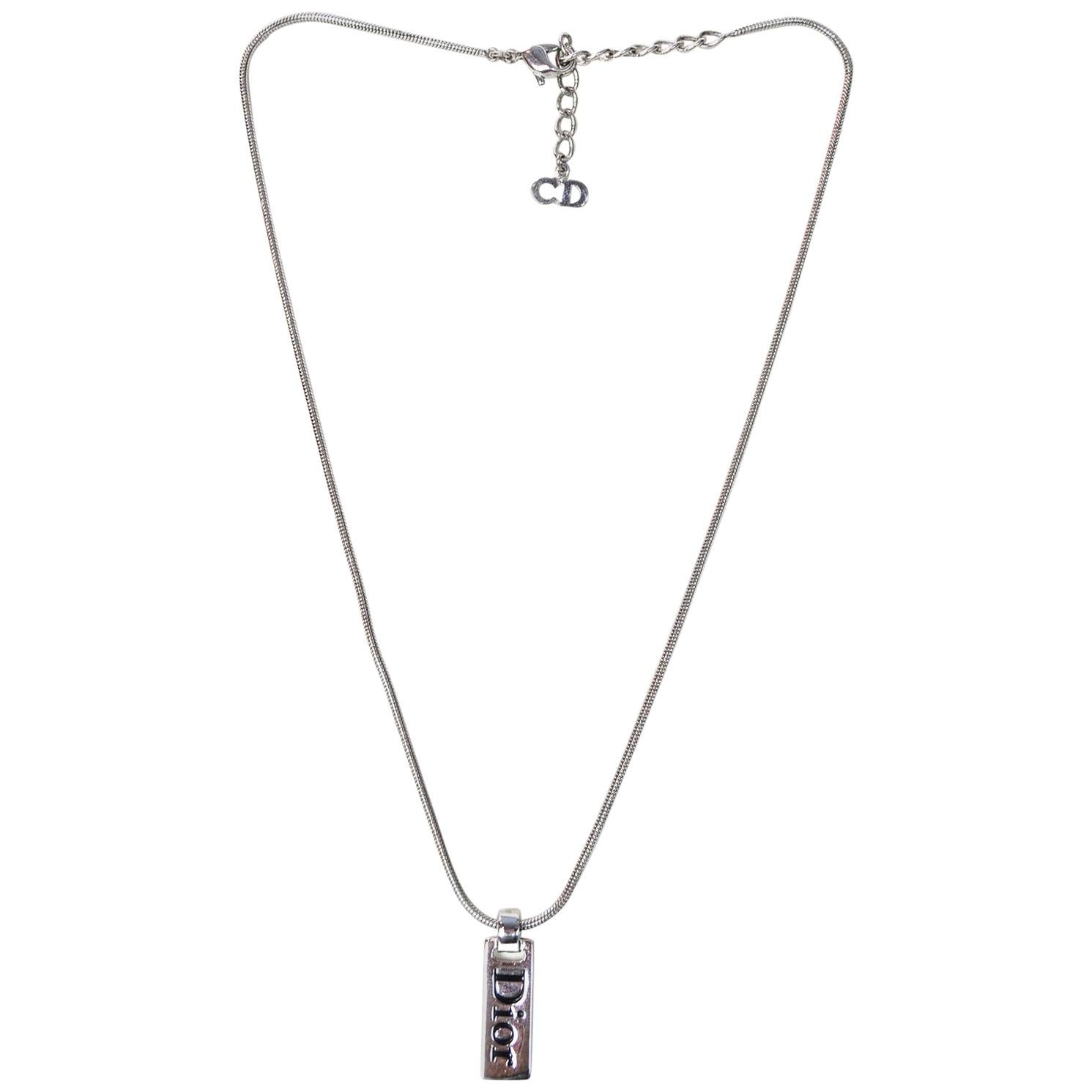 Christian Dior Vintage '90s Silvertone Logo Pendant Necklace