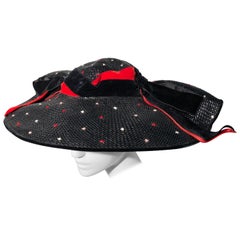 Vintage 1950s Casper Davis Black Straw Wide Brimmed Hat W/ Red & Black Velvet Ribbons