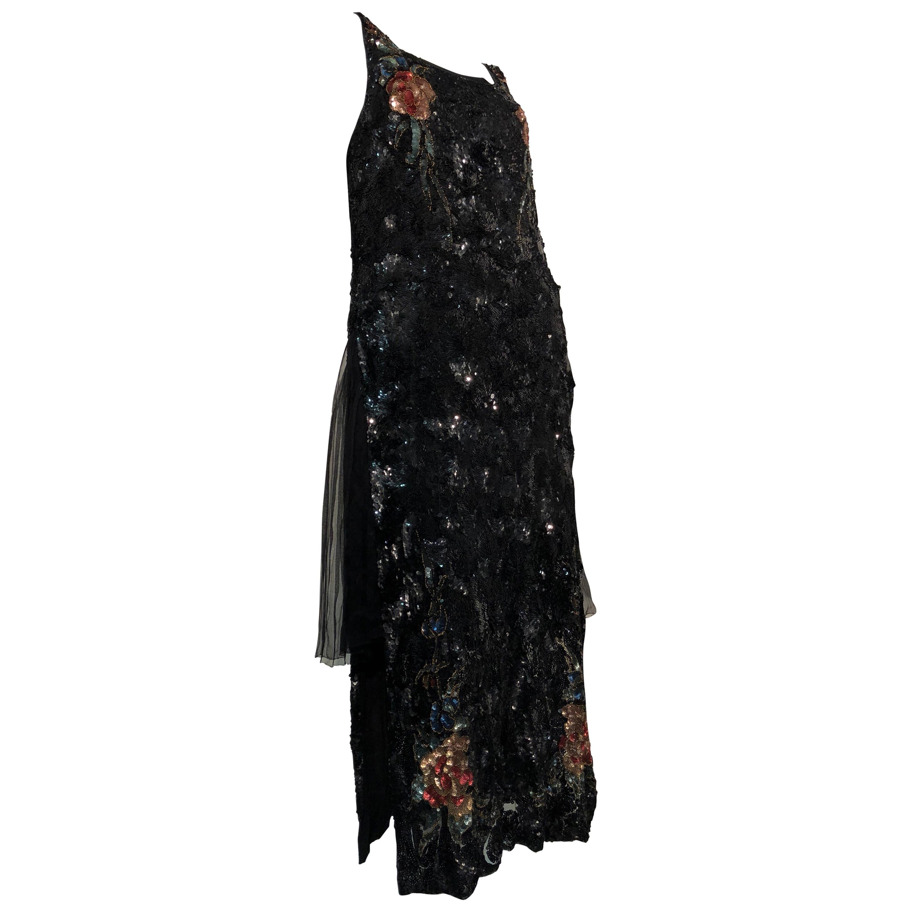 1920s French Tabard-Style Sequined Black Evening Gown W/ Color Sequined Flowers