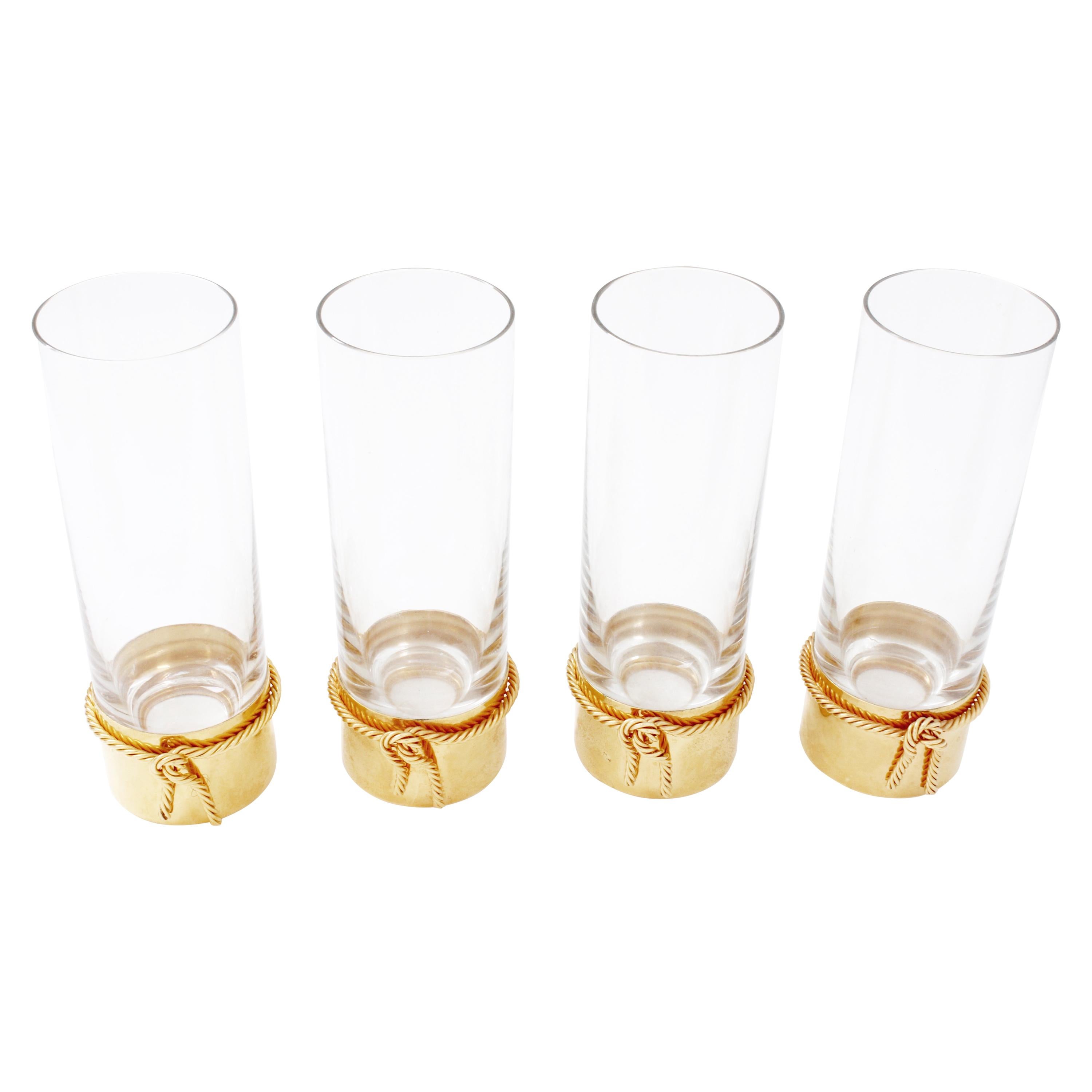 Rare Gucci Crystal & Gold Metal Highball Glasses 4pc Barware Set Cocktails 80s