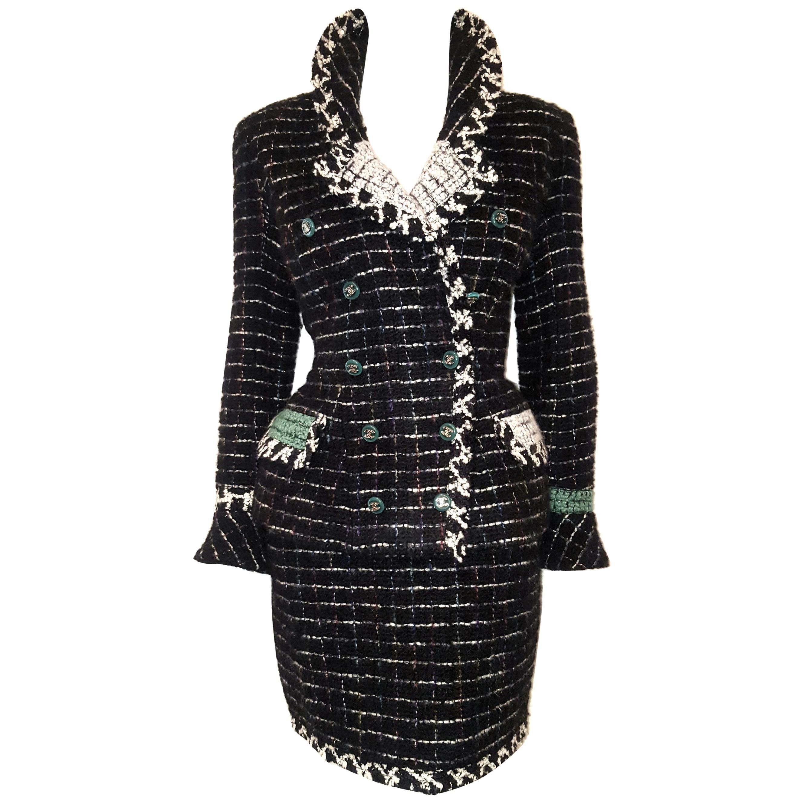 Chanel Black & White Metallic Tweed Check Double Breasted Skirt Suit 42