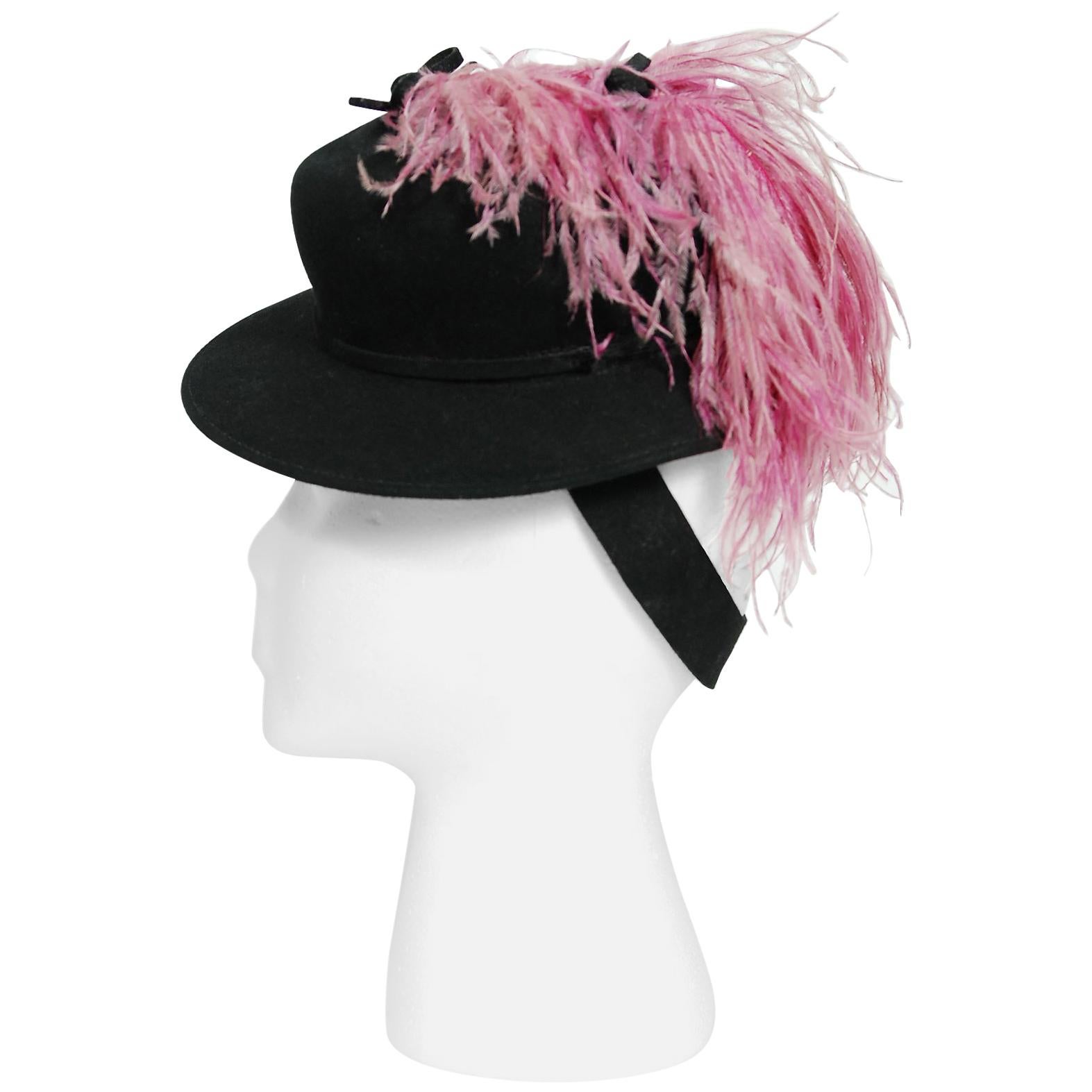 1940's Austelle Black Wool-Felt & Pink Ostrich-Feather Film Noir Tilt Toy Hat