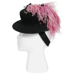 Vintage 1940's Austelle Black Wool-Felt & Pink Ostrich-Feather Film Noir Tilt Toy Hat