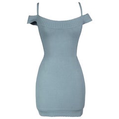 Alaia Seafoam Green Stretch Knit Bodycon Dress with Off Shoulder Straps