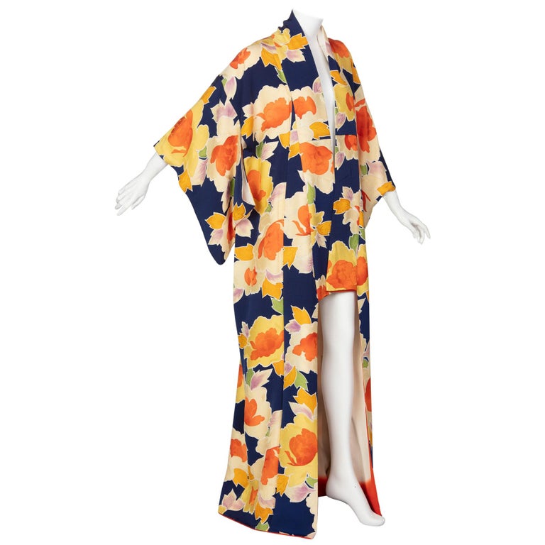 Vintage Japanese Silk Multicolored Floral Maxi Kimono at 1stDibs