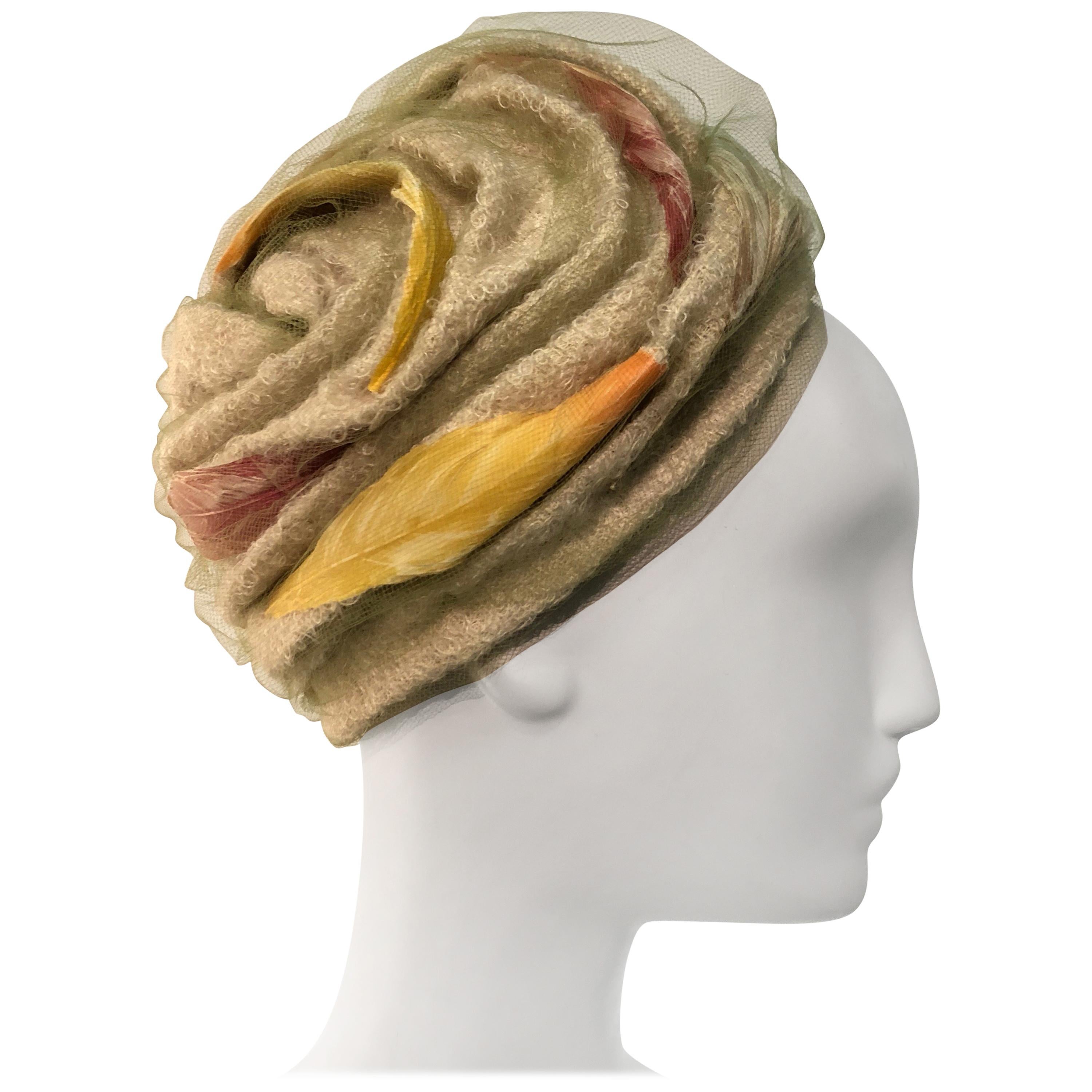 1960s Christian Dior Cream Wool Bouclé Turban-Style Hat W/ Feathers Under Tulle For Sale