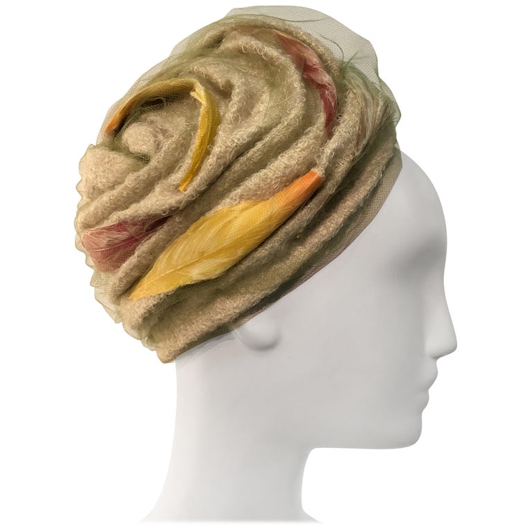 1960s Christian Dior Cream Wool Bouclé Turban-Style Hat W 
