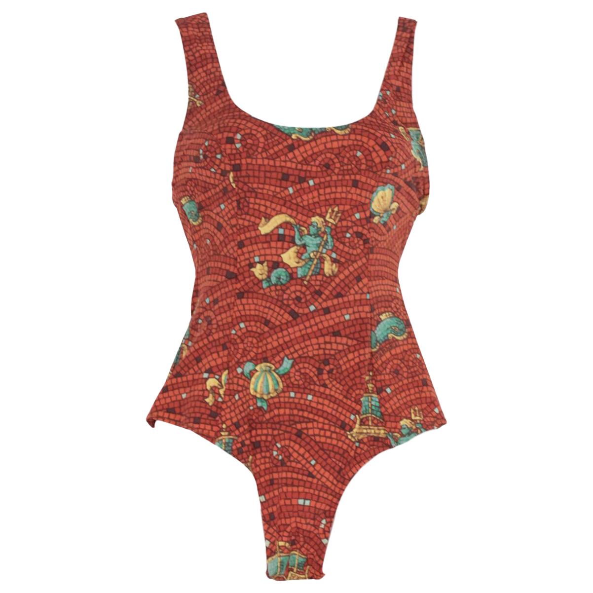 Hermes Vintage Brown Mosaic Print One Piece Swimsuit Size 38 FR