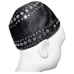 Used 1960s Leslie James Black Felt Mod Hat W/ Rhinestone Embellishments 