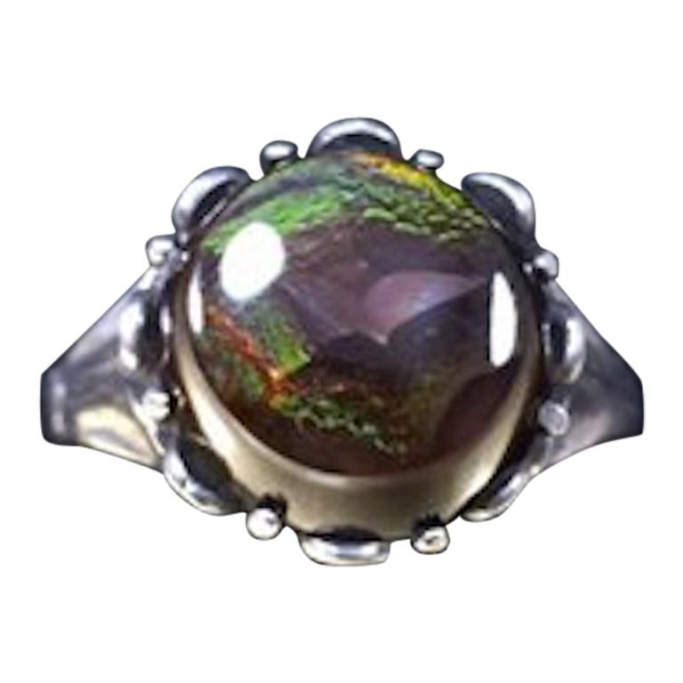Vintage 1960s Round Flattop Cabochon Cut Mexican Fire Agate 950 Sterling Ring  For Sale