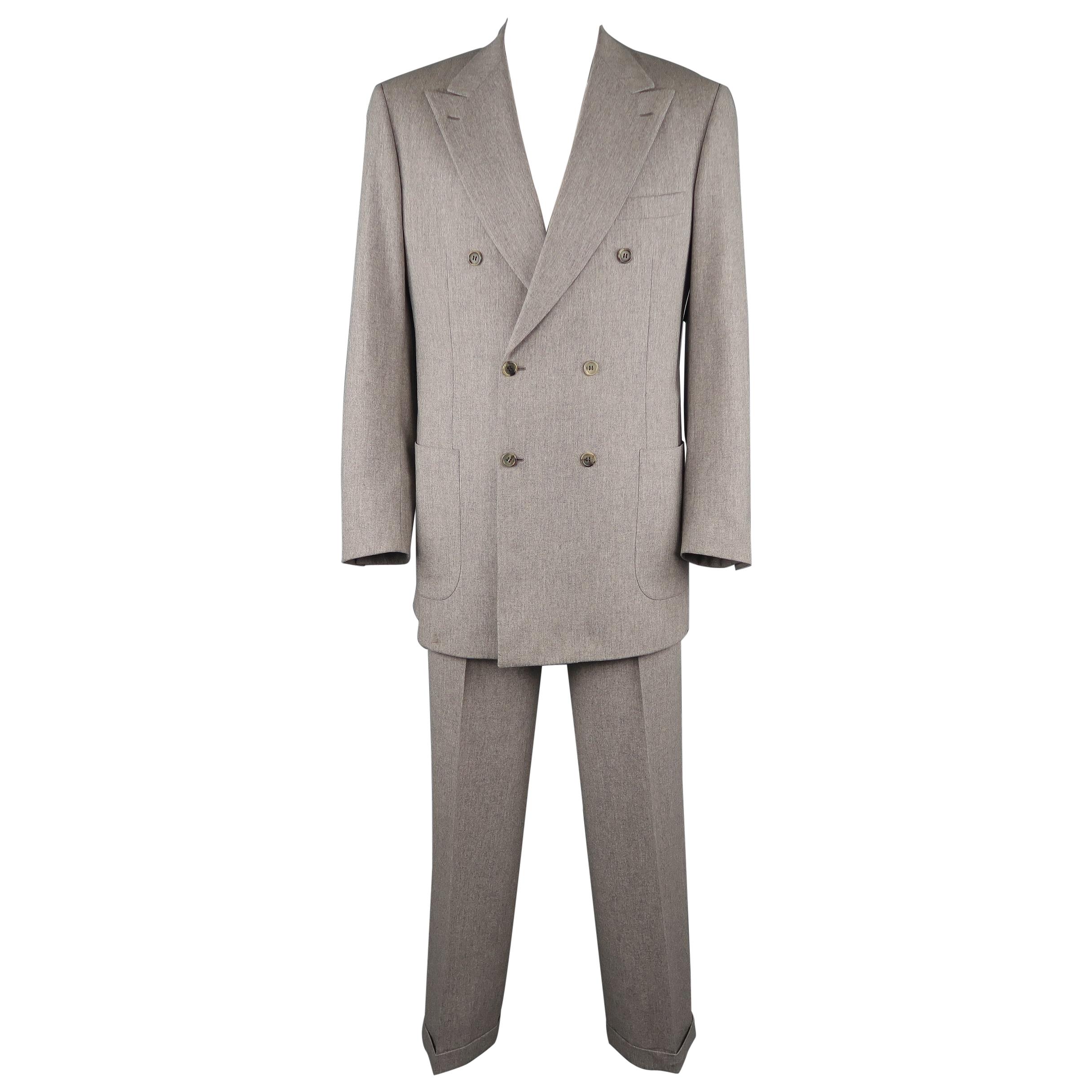 BRIONI 44 Long Wool Light Heather Gray Double Breasted Peak Lapel Cuffed Suit