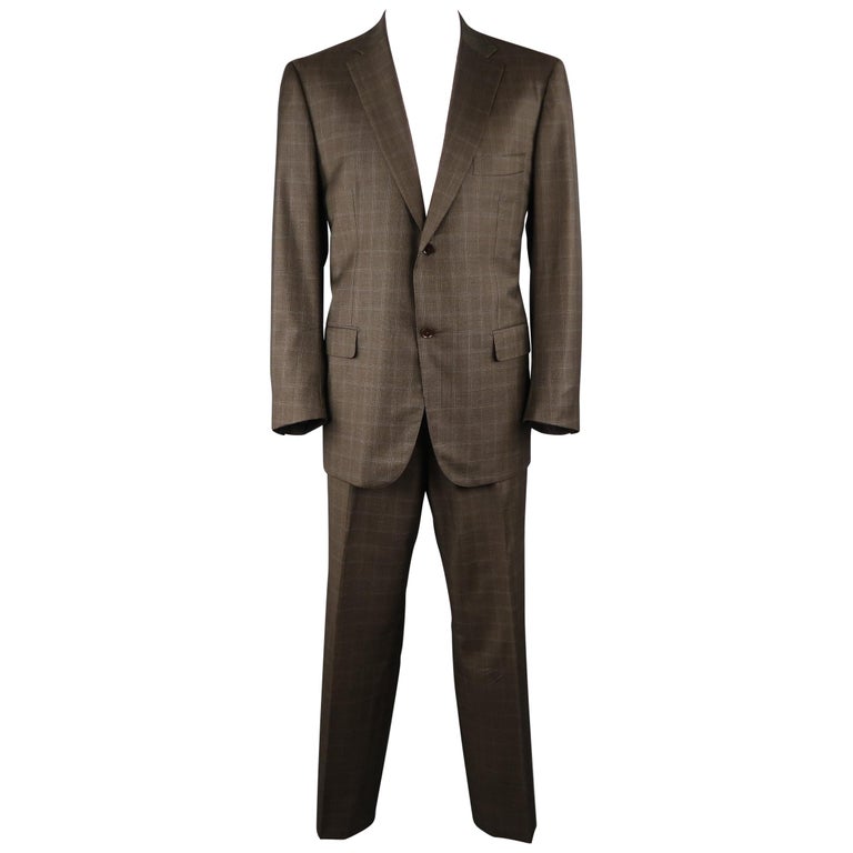ISAIA 48 Long Brown Window Pane Wool Single Breasted 2 Button Suit For ...