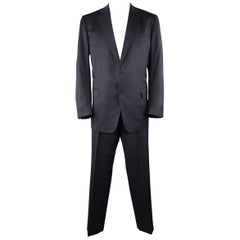 Used ERMENEGILDO ZEGNA 50 Navy Stripe Wool / Silk Single Breasted Notch lapel Suit