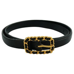Chanel Vintage Black Leather Chain Buckle Skinny Belt