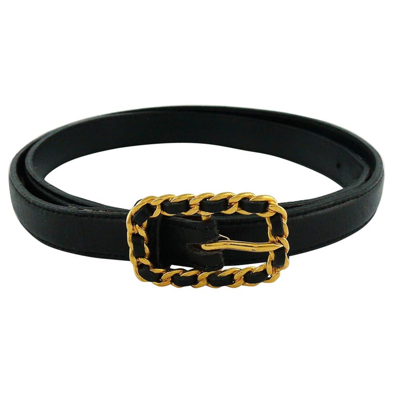 Vintage CHANEL Black Skinny Belt With Golden Chain Buckle and 
