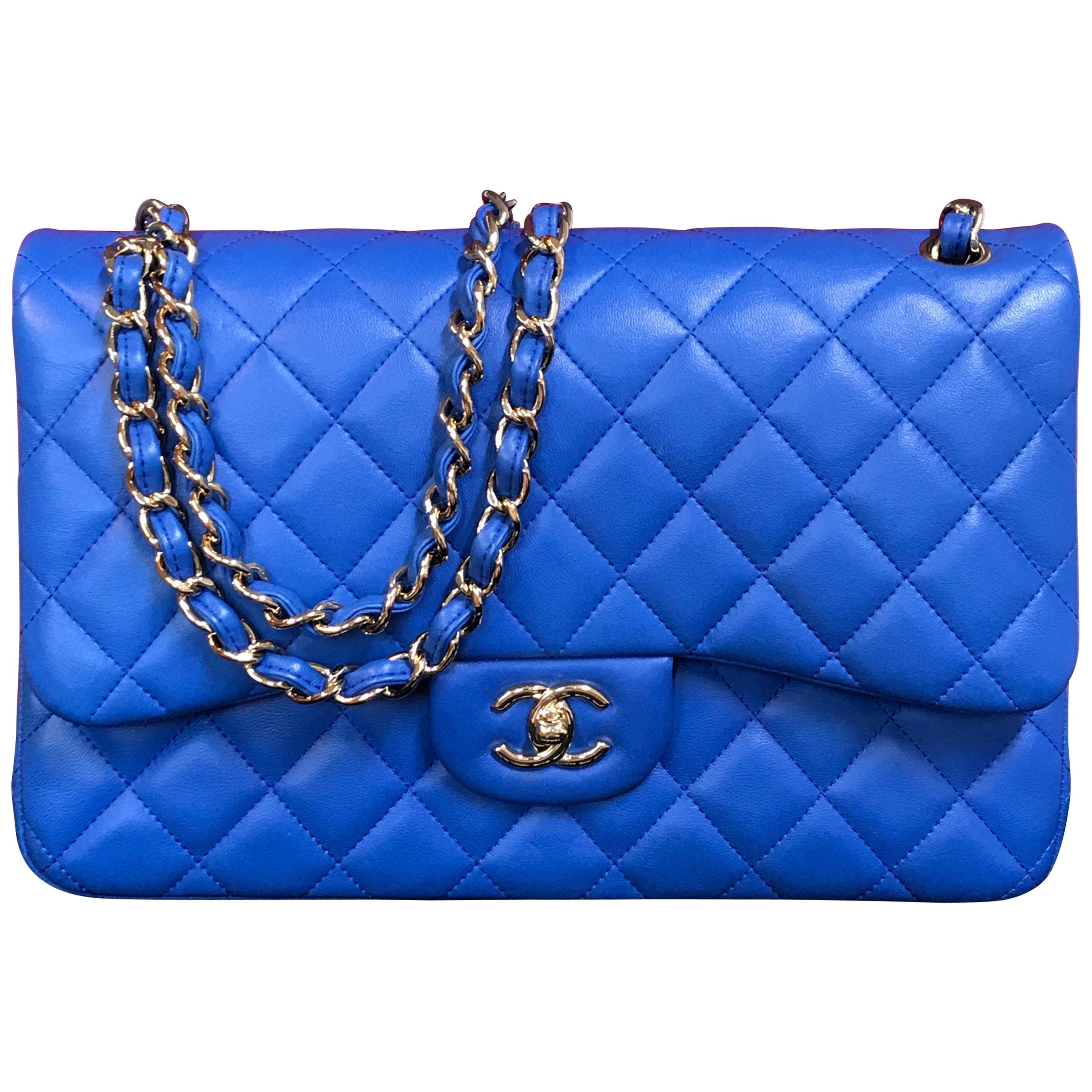 CHANEL double flap bag Jumbo blue shoulder bag quilted lambskin 2016 For Sale