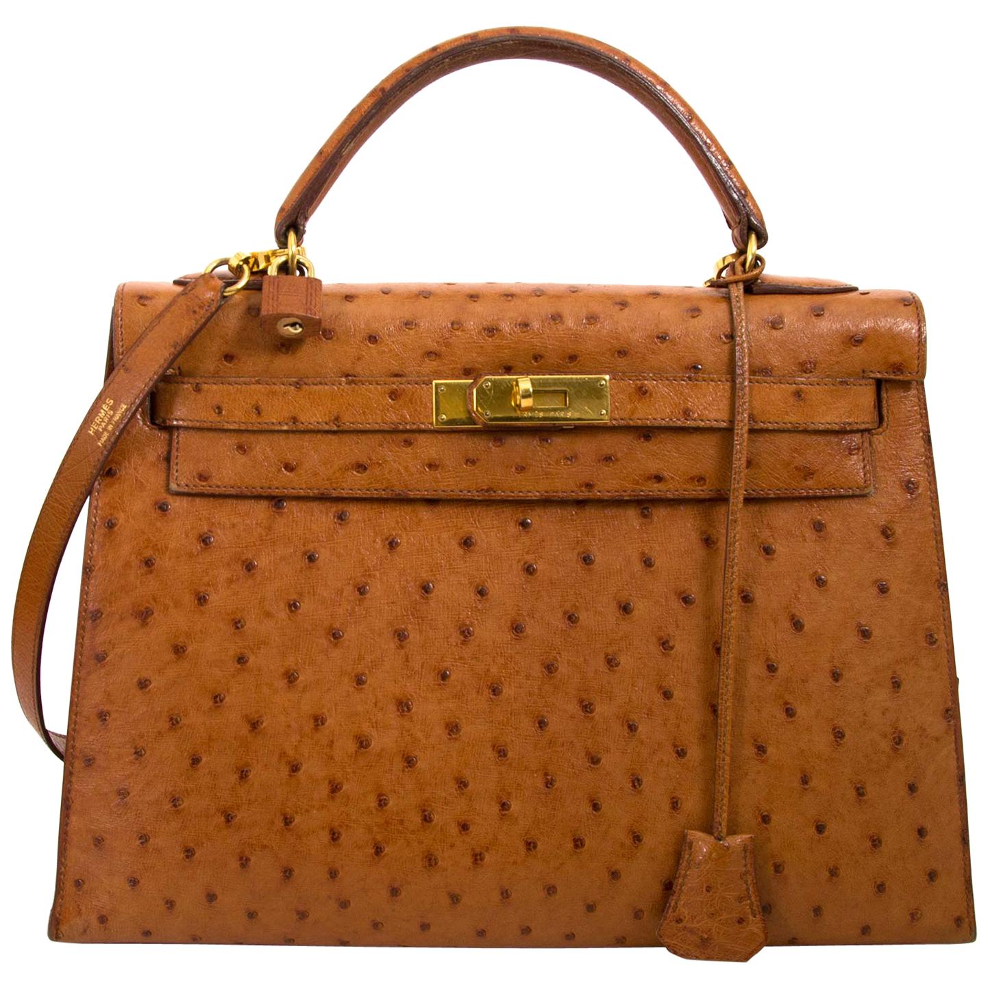 Hermes Kelly Handbag Bicolor Ostrich with Permabrass Hardware 28 For Sale  at 1stDibs