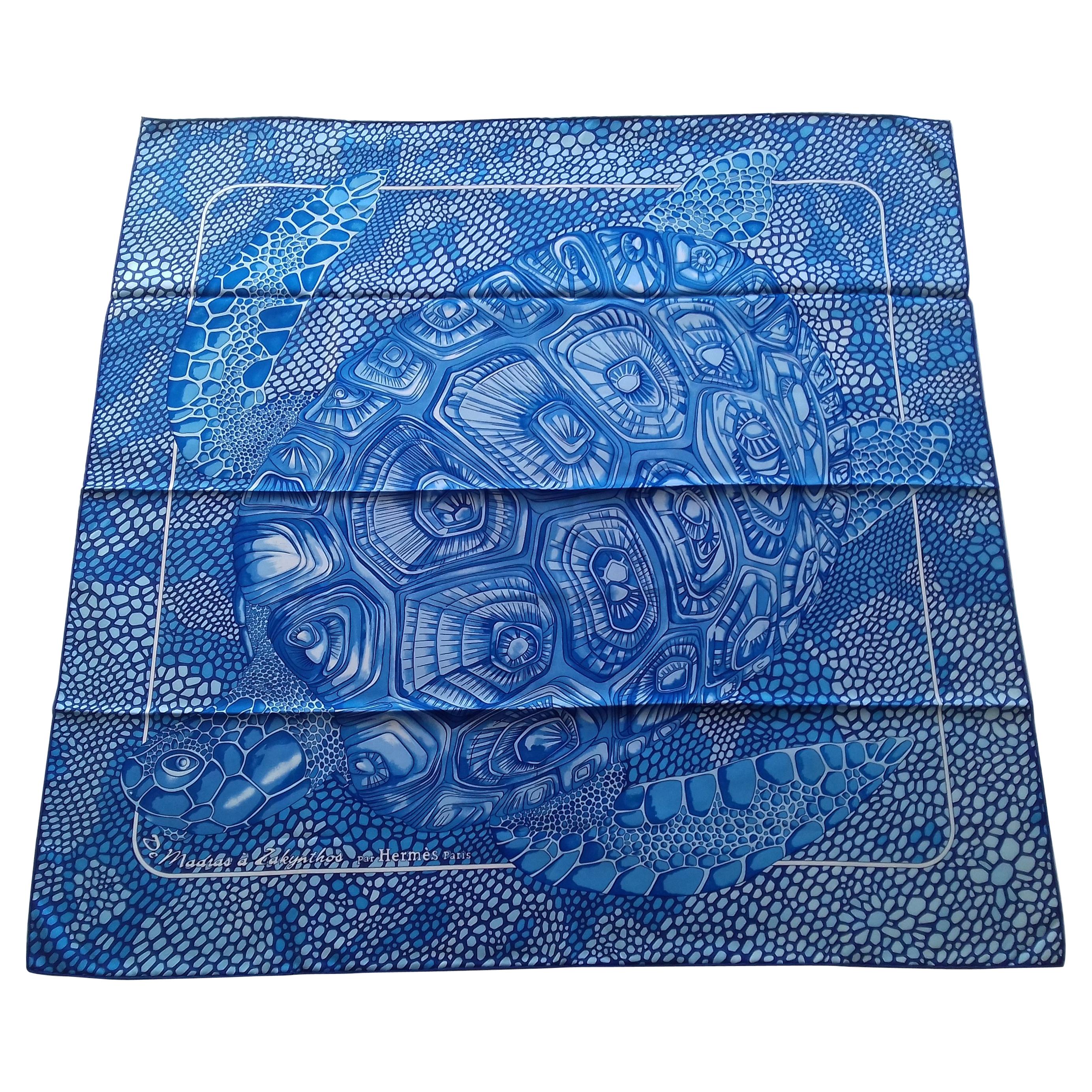 Hermès Silk Scarf De Madras A Zakynthos Turtle Blue White 90 cm