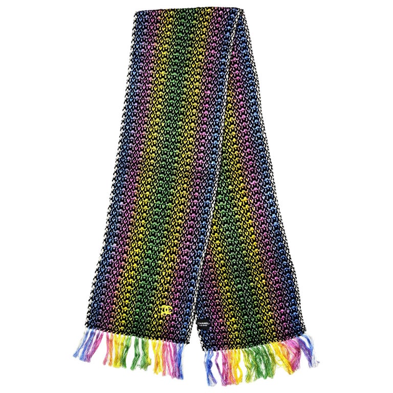 Chanel MultiColor Knit Scarf w. CC and Fringe Trim For Sale at 1stDibs