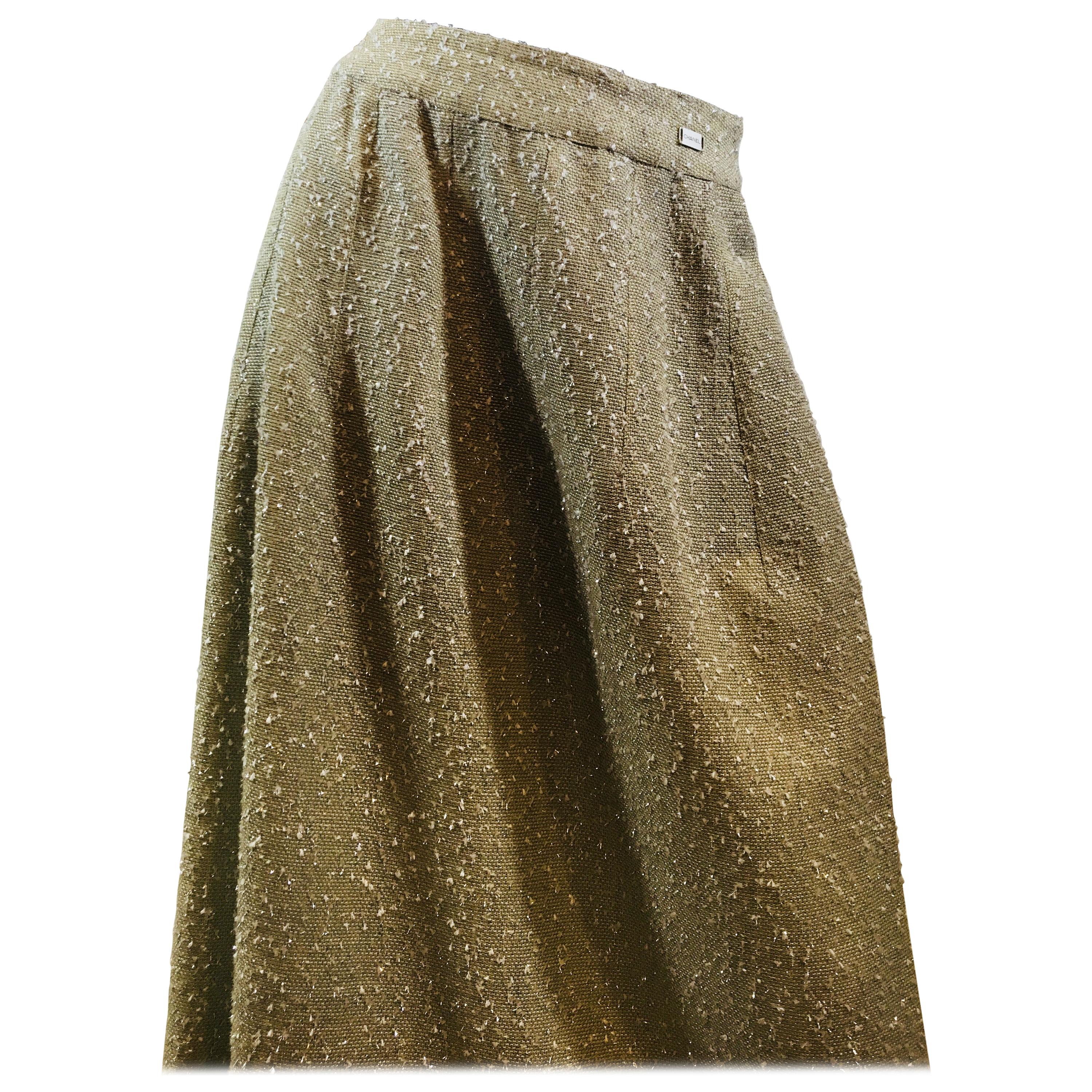 Chanel Taupe  3/4 Length Wool Tweed Skirt With Back Zipper 