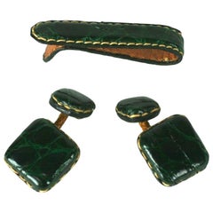 Art Deco Alligator-Manschettenknöpfe und Krawattenstangen-Set