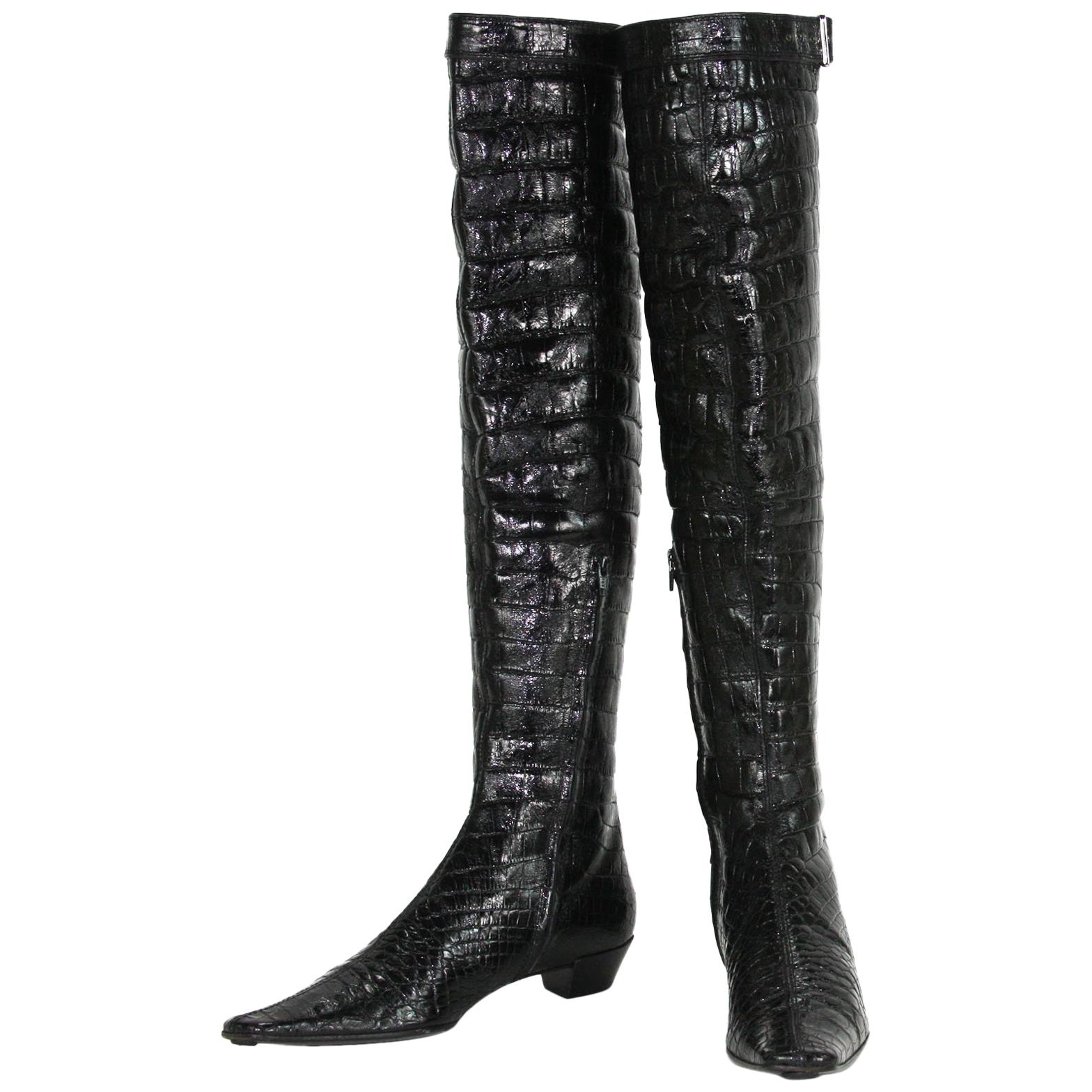 Tom Ford for Gucci F/W 2001 Alligator Soft & Shiny Skin Over Knee Black Boots 39