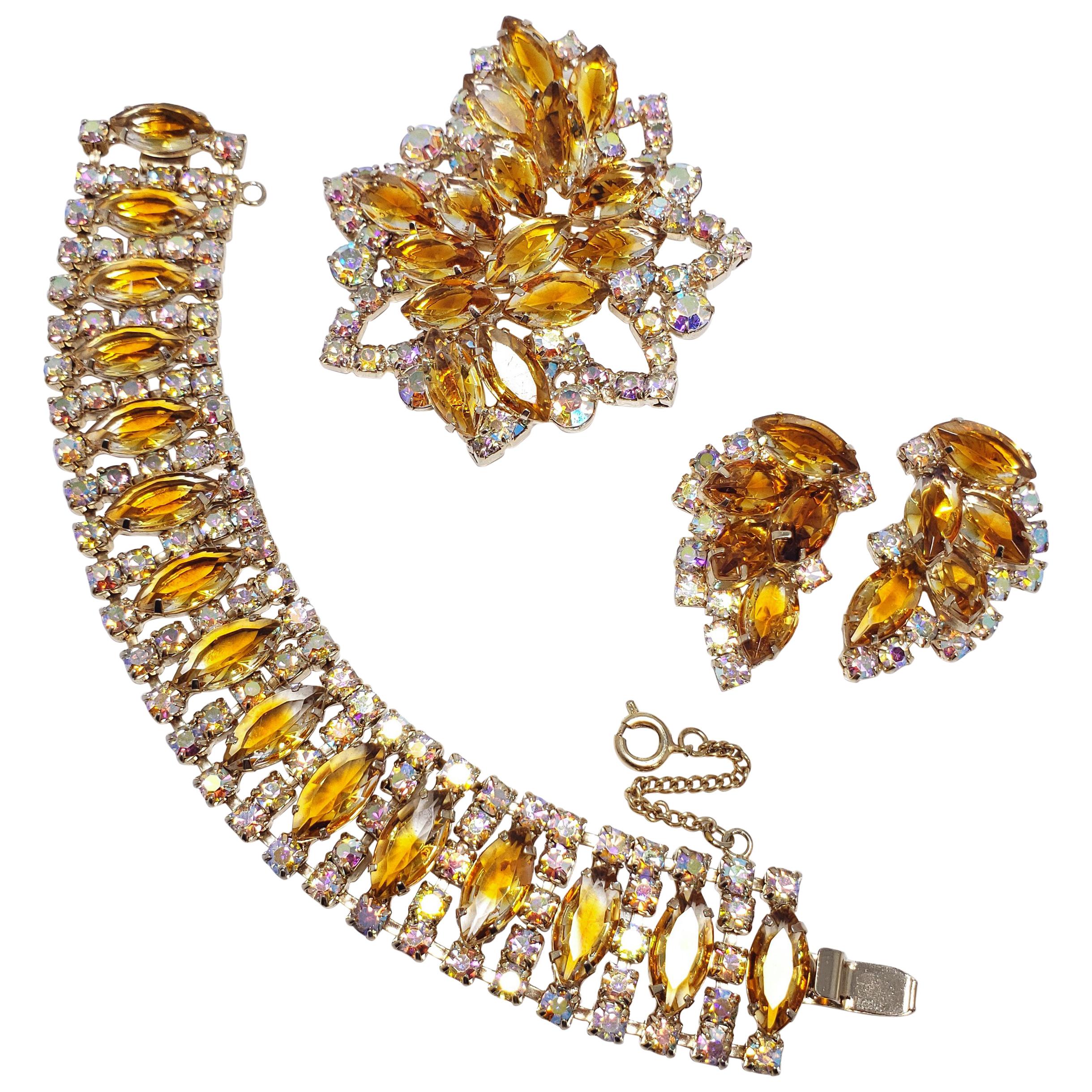 Vintage Demi Parure Aurora Borealis & Amber Crystals Earrings Bracelet Necklace For Sale