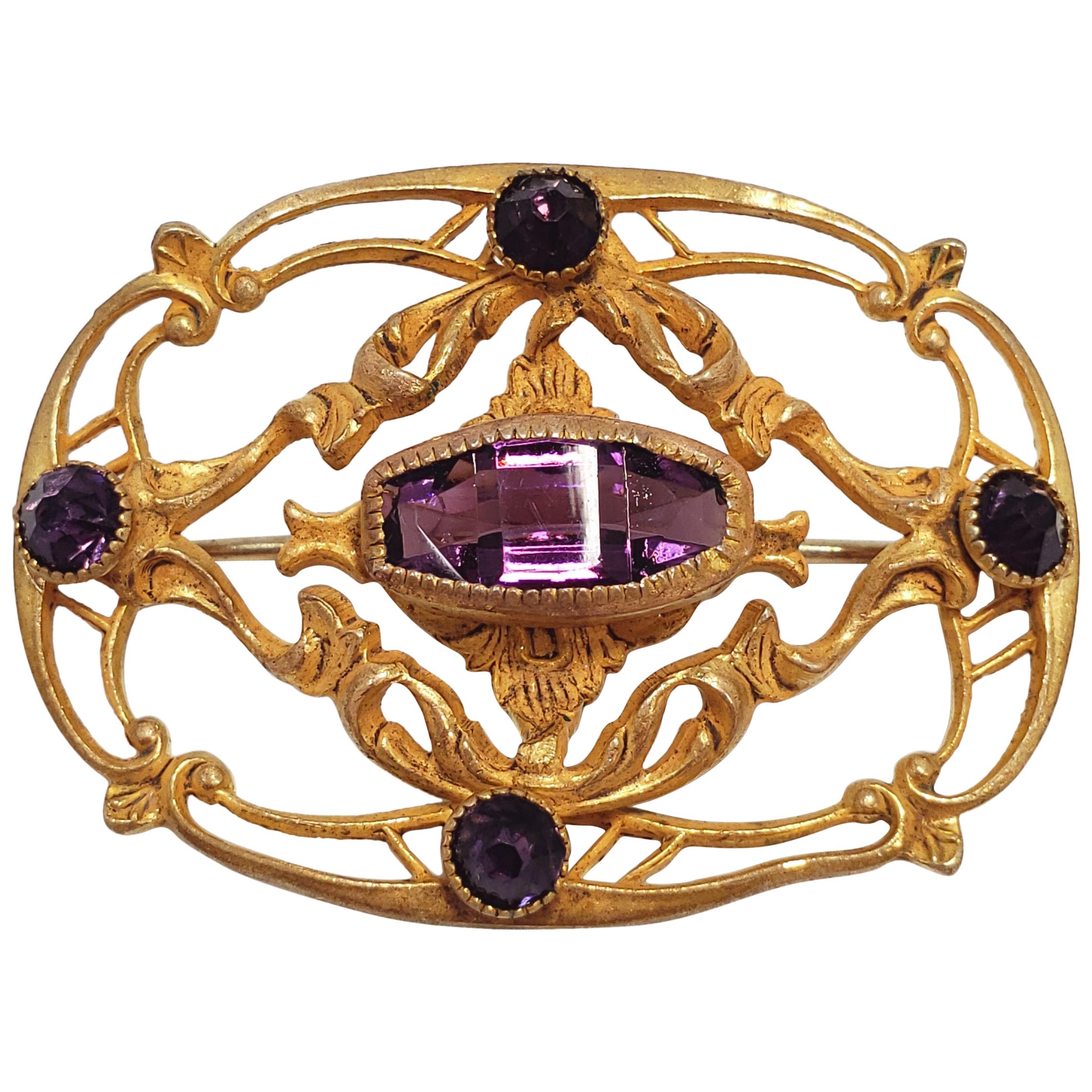 Victorian Vermeil Amethyst Filigree Brooch, Early 1900s For Sale