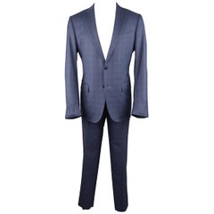 ERMENEGILDO ZEGNA 42 Steel Blue Glenplaid Wool / Silk Notch Lapel Suit