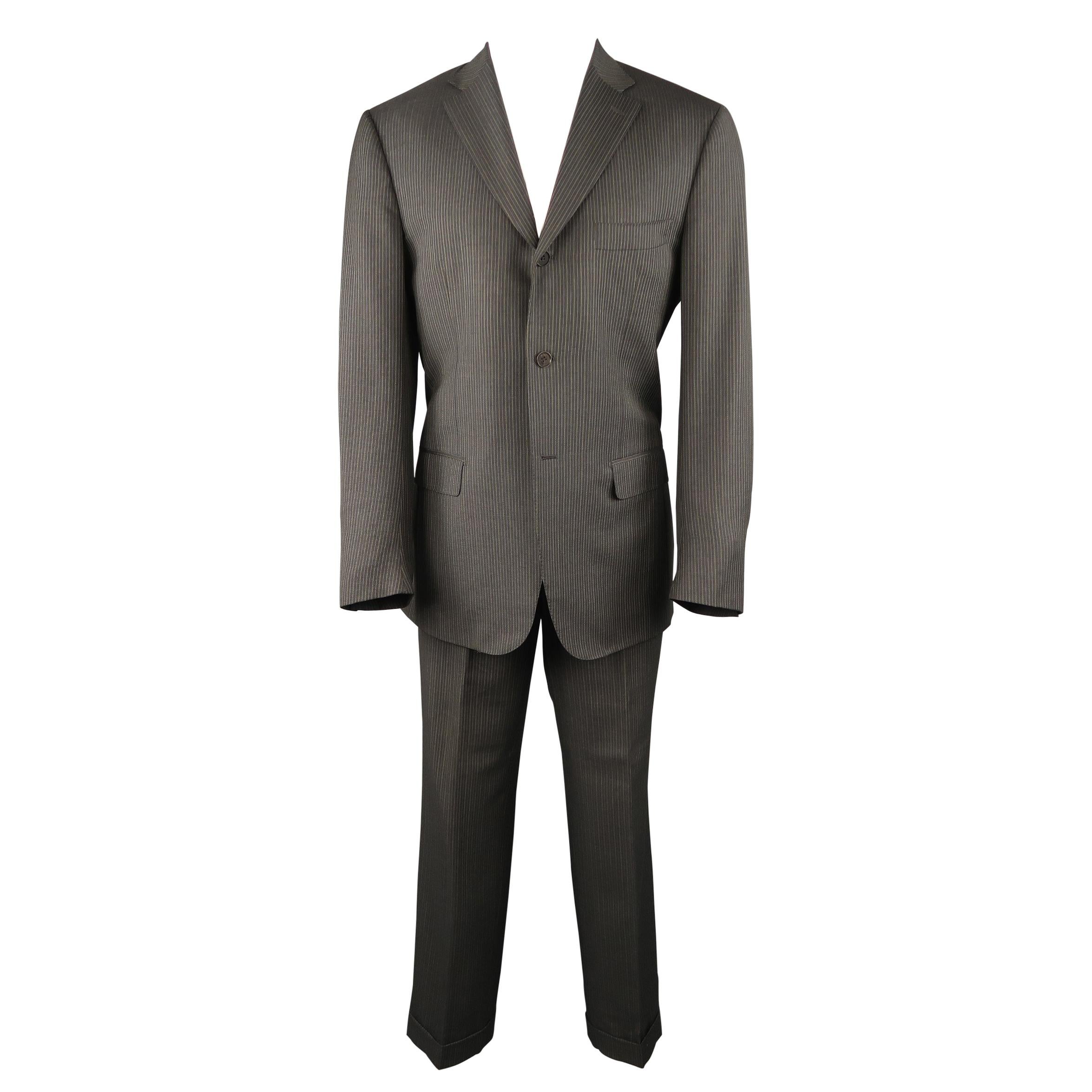 ISAIA 42 Regular Gray & Gold Pintripe Wool 3 Button Notch Lapel Suit