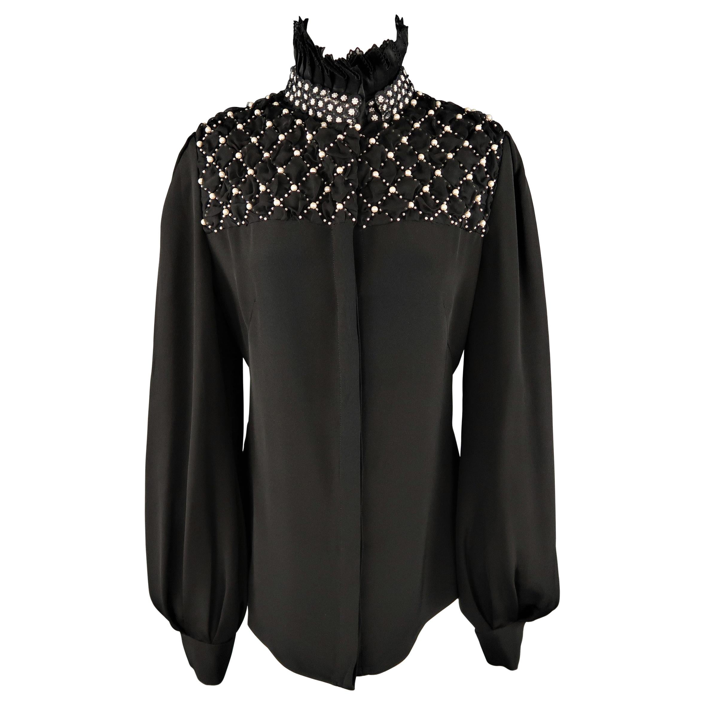ALEXANDER MCQUEEN Size 12 Black Silk High Collar Quilted Pearl Stud Blouse