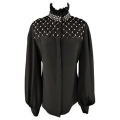 Vintage ALEXANDER MCQUEEN Size 12 Black Silk High Collar Quilted Pearl Stud Blouse