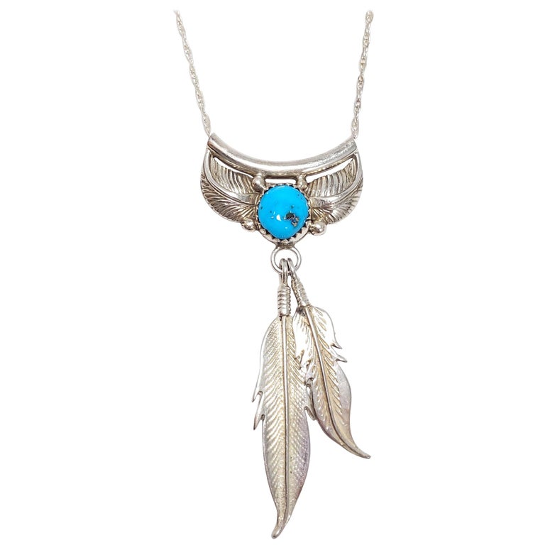 Navajo Feather Pendant Turquoise Sterling Silver Necklace Native