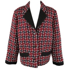 CHANEL Size 12 Burgundy & Navy Tweed Black Collar Fall 2015 Jacket