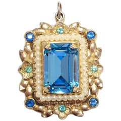 Coro Aquamarine Crystal & Faux Pearl Pendant in Gold, Circa Mid 1900s