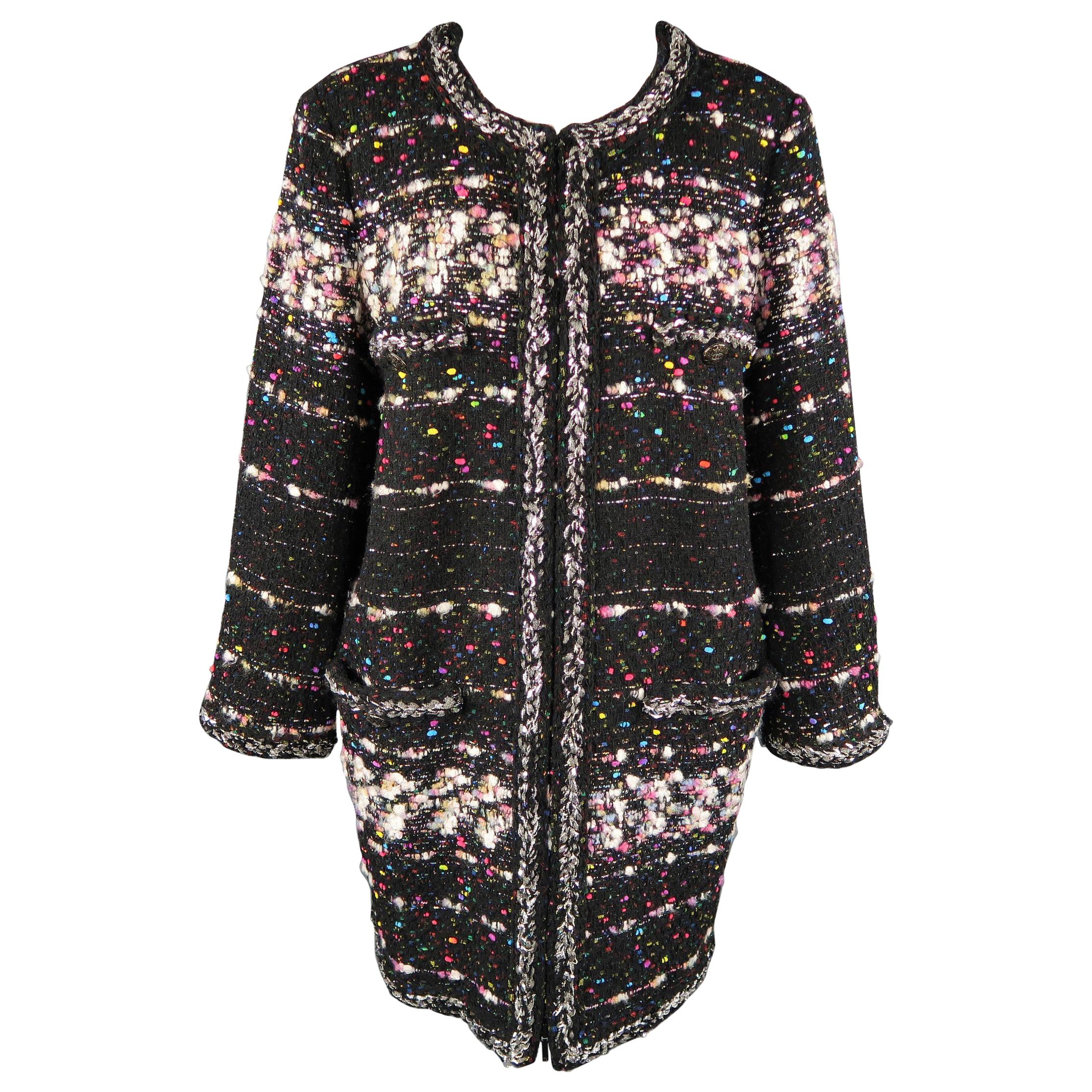 CHANEL Size 14 Black & Multicolor Metallic Tweed Fall 2014 Supermarket Coat 