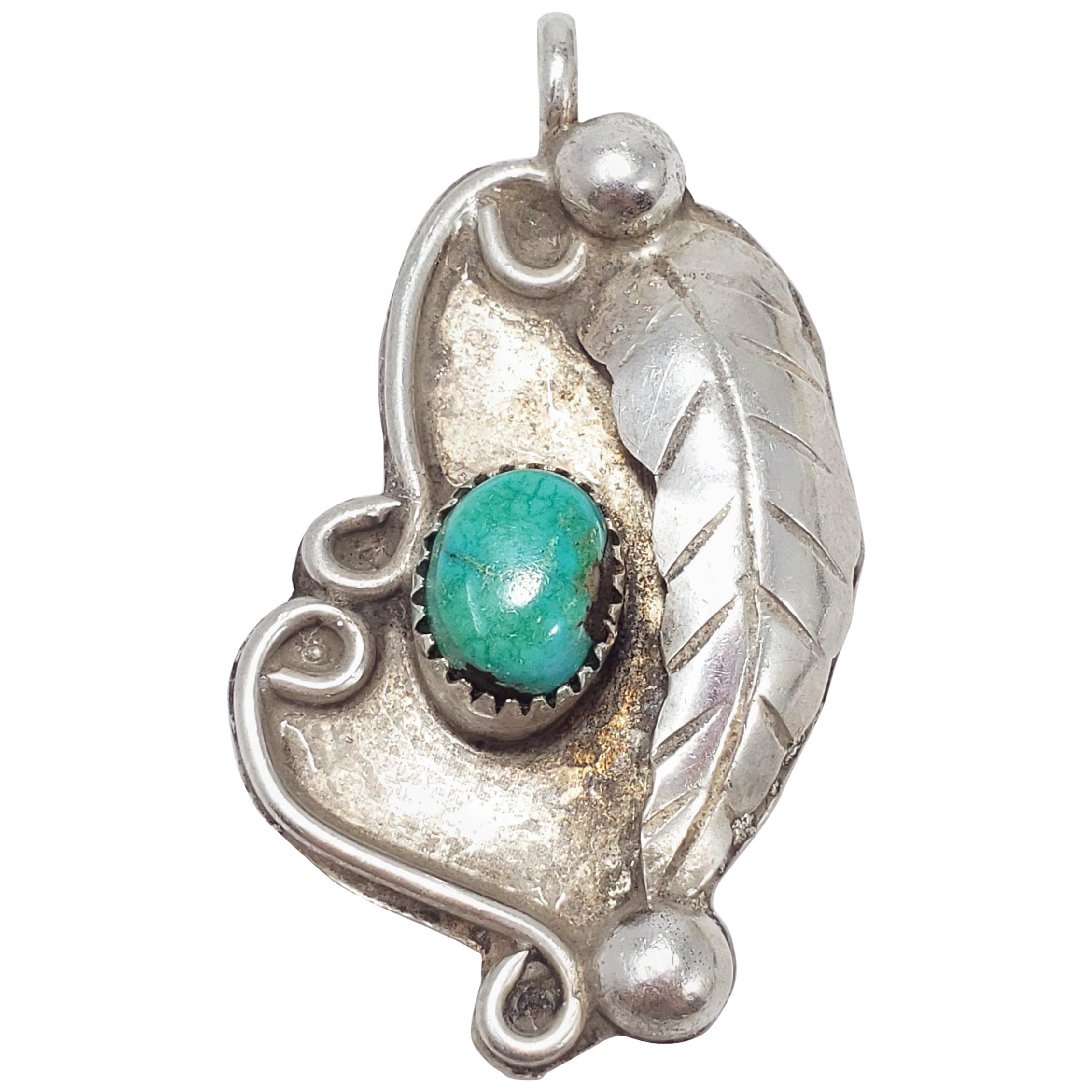 Native American Navajo Leaf Motif Turquoise Pendant in Sterling Silver