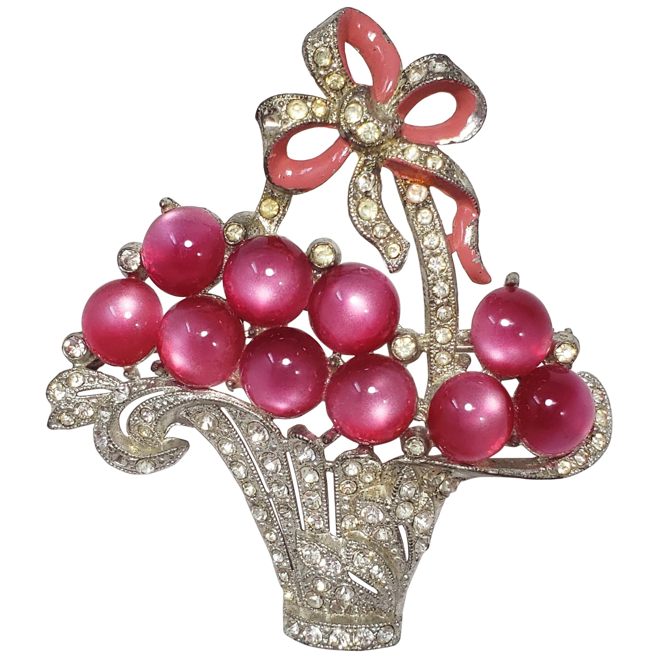 Collector's Berry Basket Pin Brooch With Open Back Raspberry Moonglow Cabochons