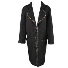CHANEL Manteau Salzburg Taille 12 Navy Woven Alpaca Blend Tweed Gold Chain Trim