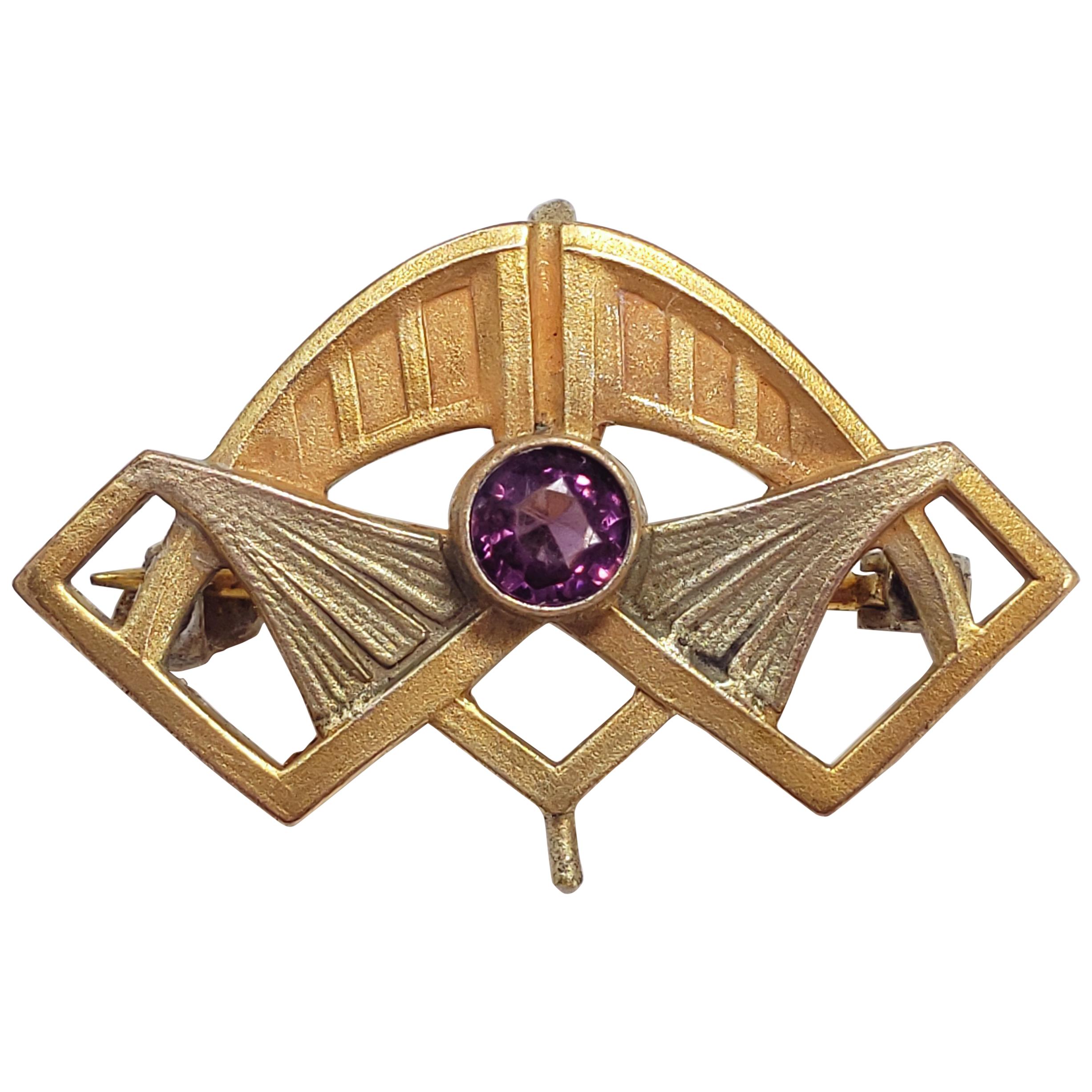 Art Deco Geometrical Pendant/Brooch/Pin with Amethyst Crystal in Brass, 1910