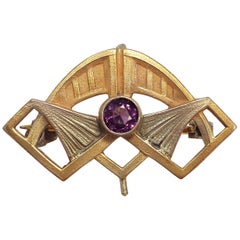 Antique Art Deco Geometrical Pendant/Brooch/Pin with Amethyst Crystal in Brass, 1910