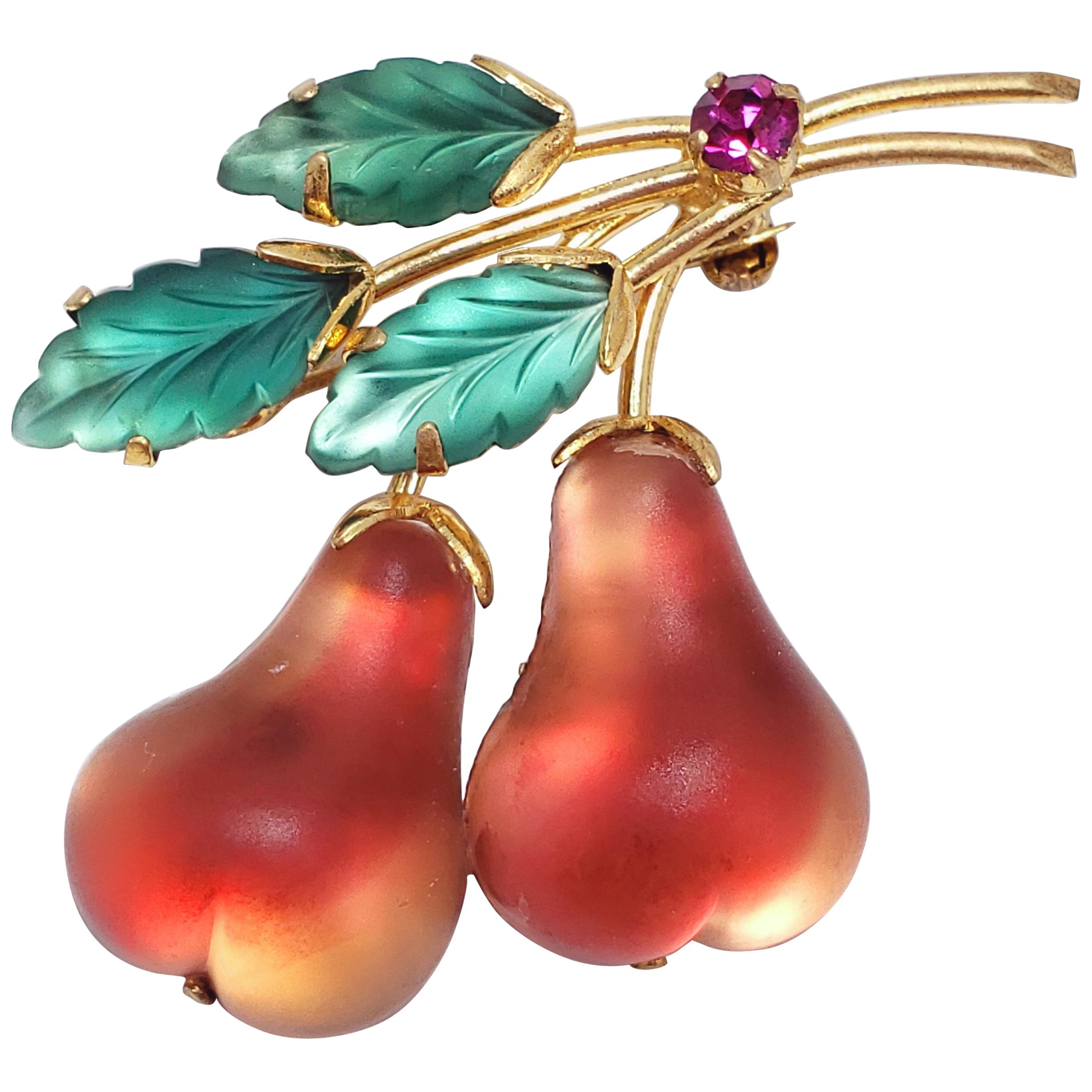 Austrian Collector's Art Glass Floral Pear Pin/Brooch w Crystals in Gold, 1940s For Sale