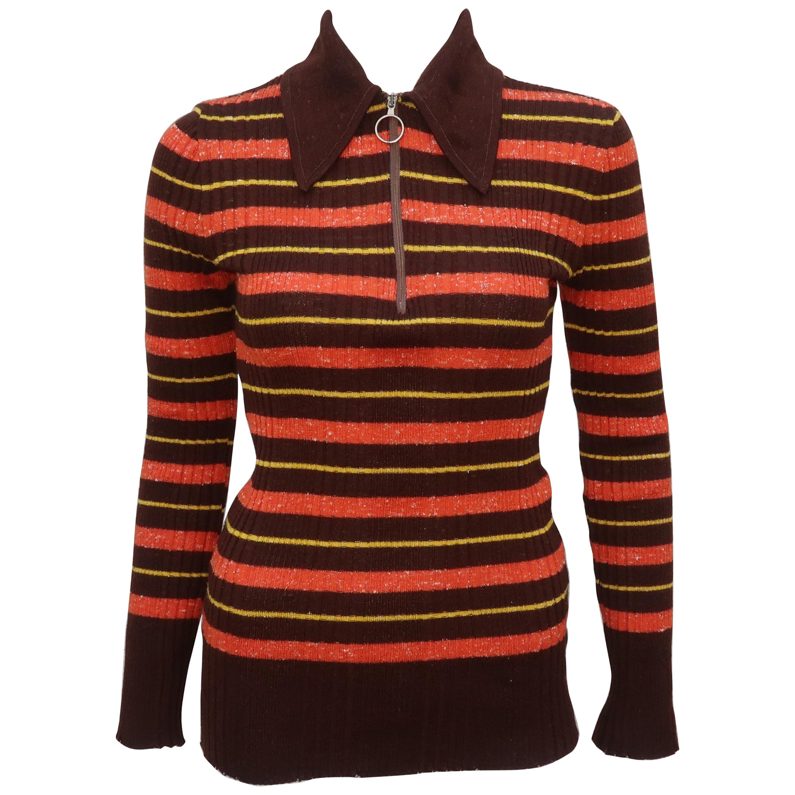 1970's Italian Ribbed Knit Brown Striped Skinny Top