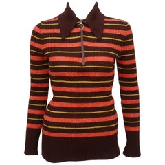 1970's Italian Ribbed Knit Brown Striped Skinny Top