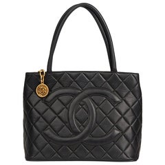 2002 Chanel Black Quilted Lambskin Leather Classic Gold Medallion Tote 