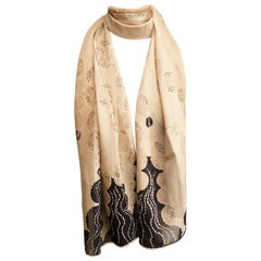 Georgina von Etzdorf Long Beige and Black Leaf Design Silk Scarf