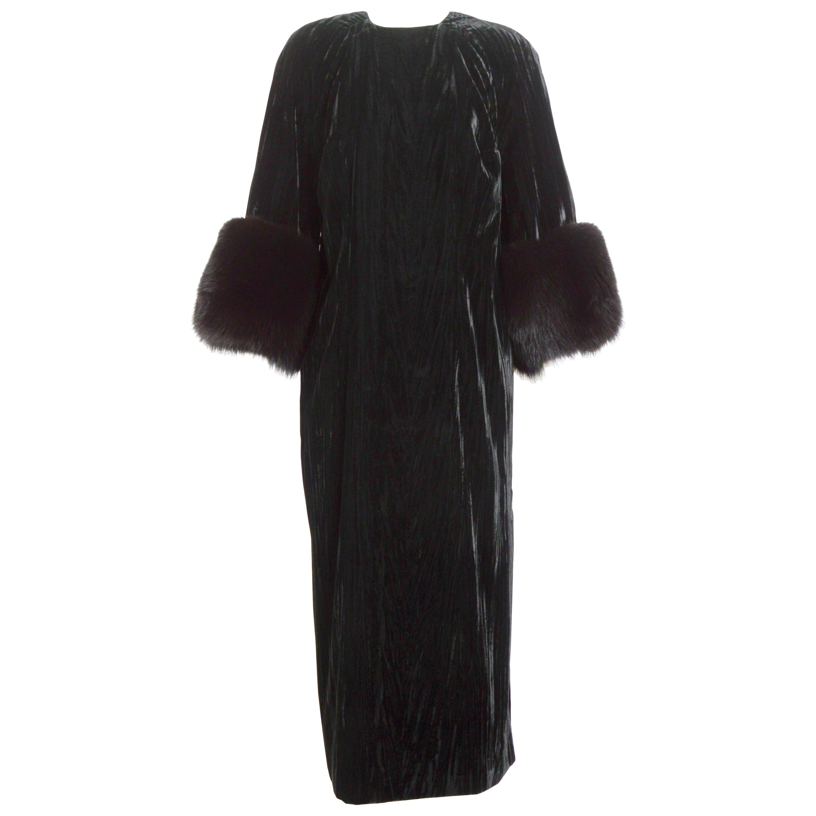 Valentino 1970's black crushed velvet and fur trim sleeves dress