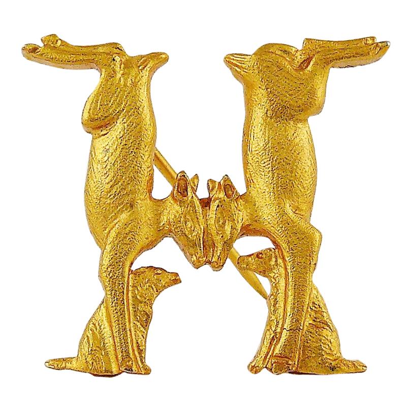 Hermes Vintage Gold Toned Twin Rabbit H Brooch